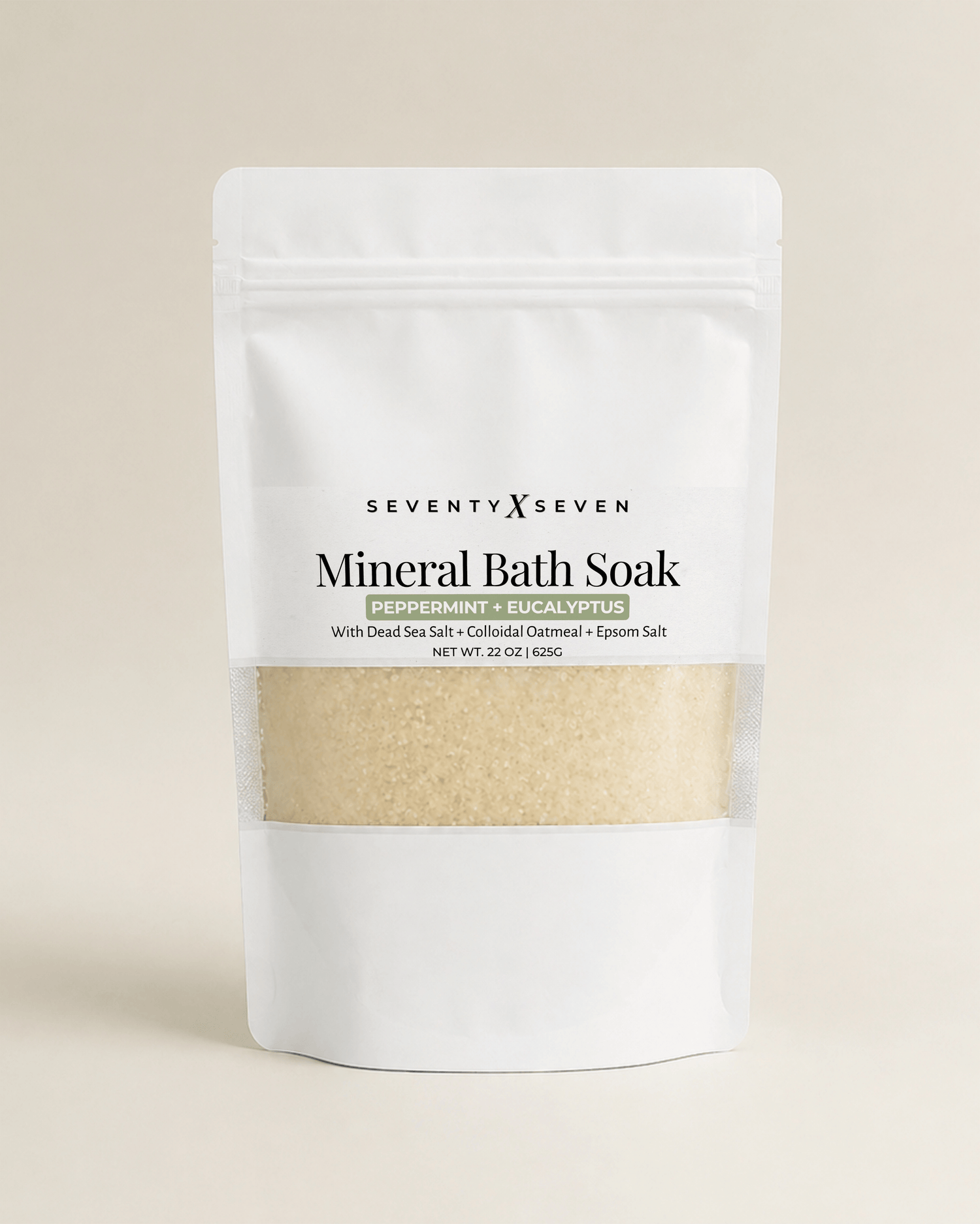Peppermint eucalyptus mineral bath soak in white mylar bag with window