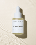 Renewal serum with bakuchiol in a frosted glass dropper bottle on a luxurious beige  textured background