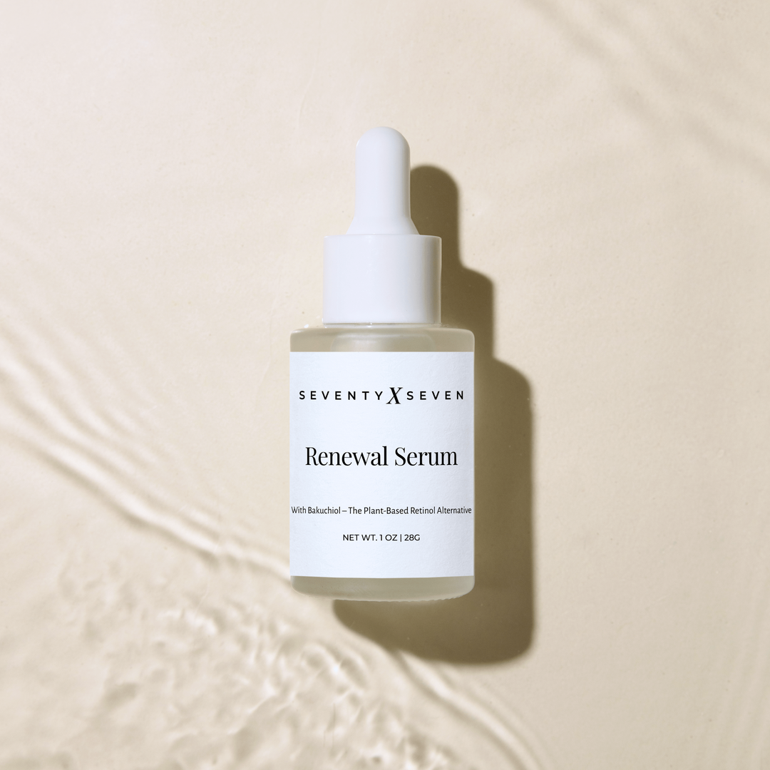 Renewal serum with bakuchiol in a frosted glass dropper bottle on a luxurious beige  textured background